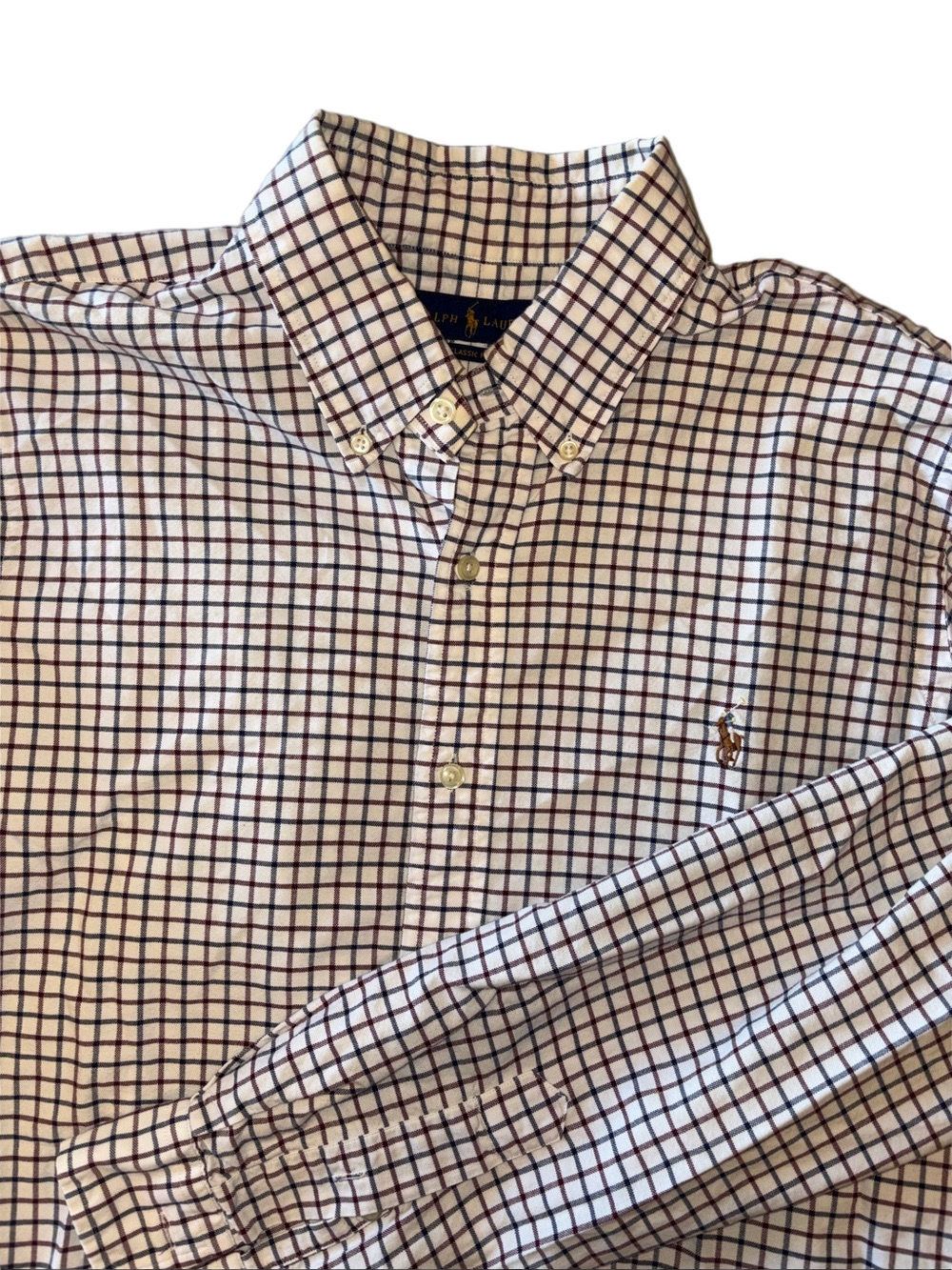 Ralph Lauren Classic Fit Button Down Shirt Mens L White Navy Burgundy Shirt